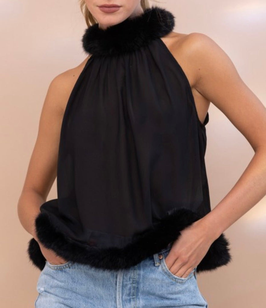 The Kristy Top: Fur Trimmed Halter Top - MomQueenBoutique