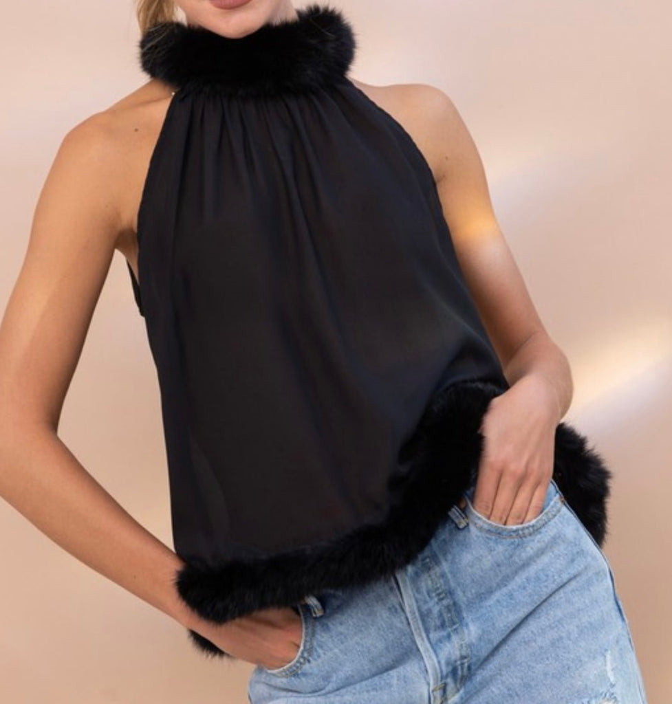 The Kristy Top: Fur Trimmed Halter Top - MomQueenBoutique