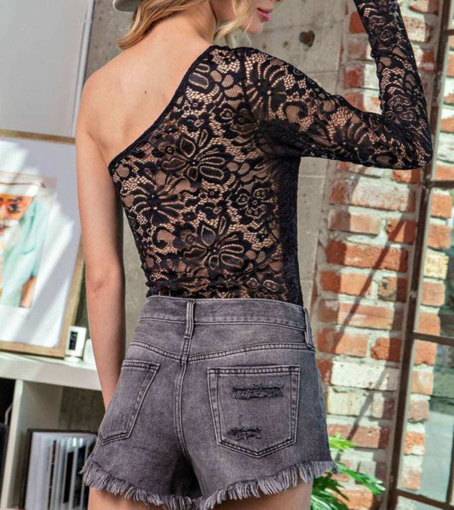 The Lacey Bodysuit: One Shoulder Lace Sleeve Bodysuit - MomQueenBoutique