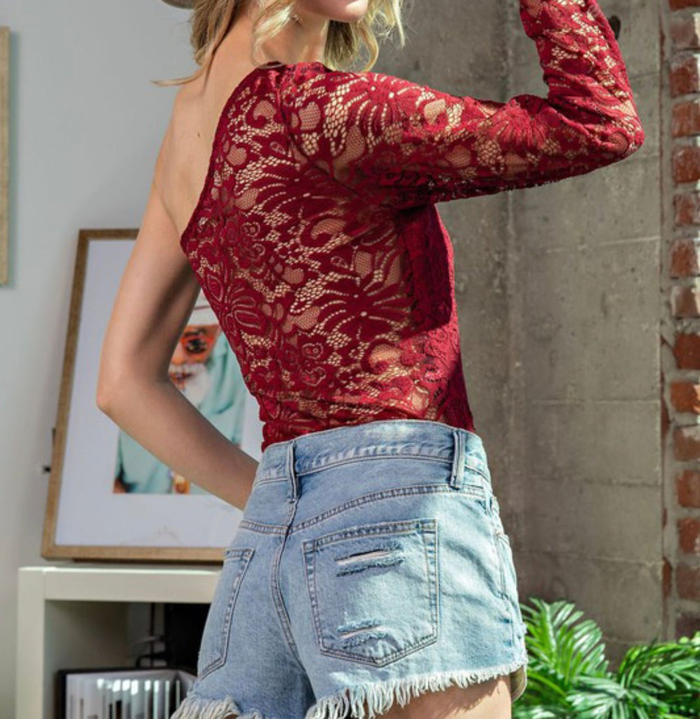 The Lacey Bodysuit: One Shoulder Lace Sleeve Bodysuit - MomQueenBoutique