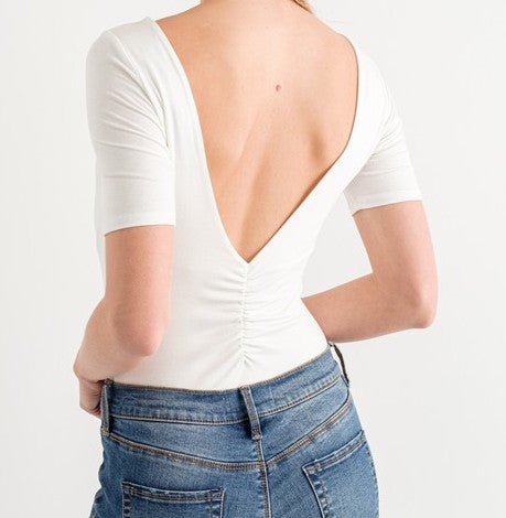 The Leah Bodysuit: Scrunched Low Back Short Sleeve Bodysuit - MomQueenBoutique