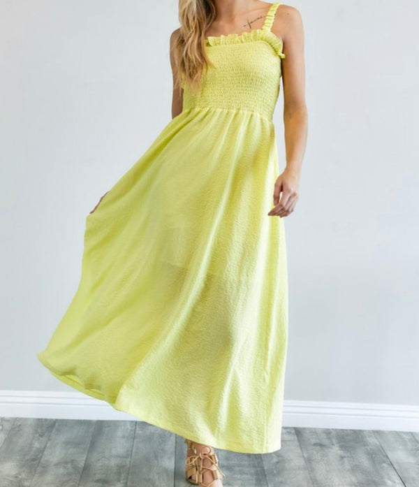 The Lemon Drop Dress: Yellow Smocked Sleeveless Ruffle Maxi Dress - MomQueenBoutique