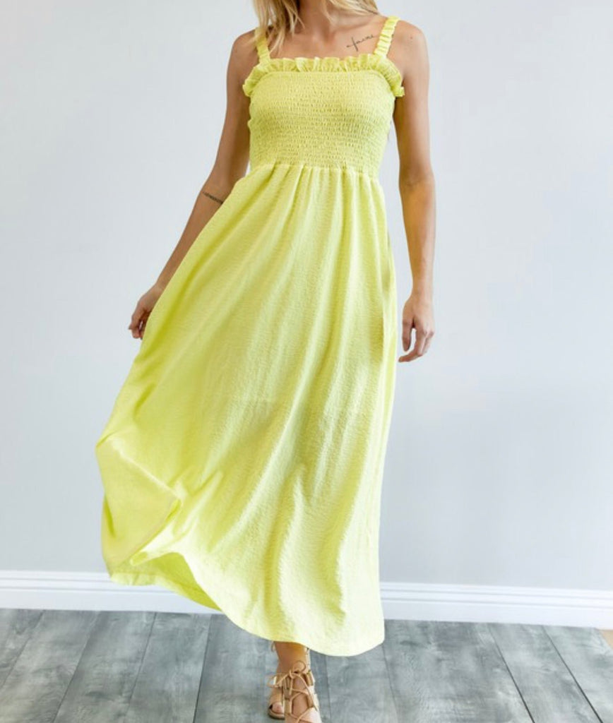 The Lemon Drop Dress: Yellow Smocked Sleeveless Ruffle Maxi Dress - MomQueenBoutique