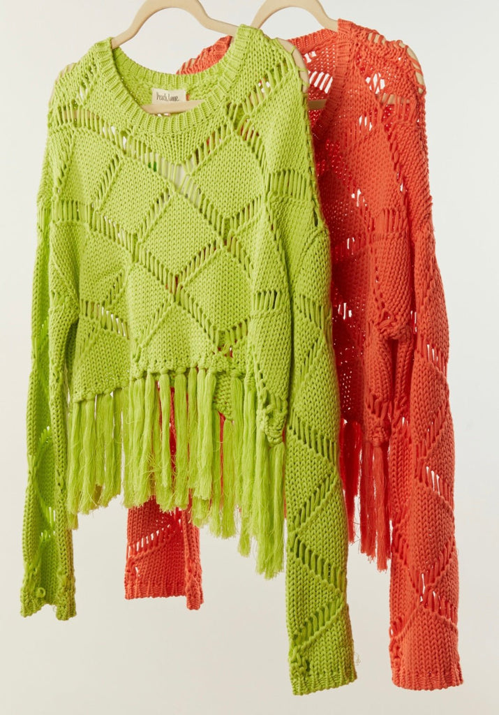 The Lilla Top: Lime Green Fringe Knit Top - MomQueenBoutique
