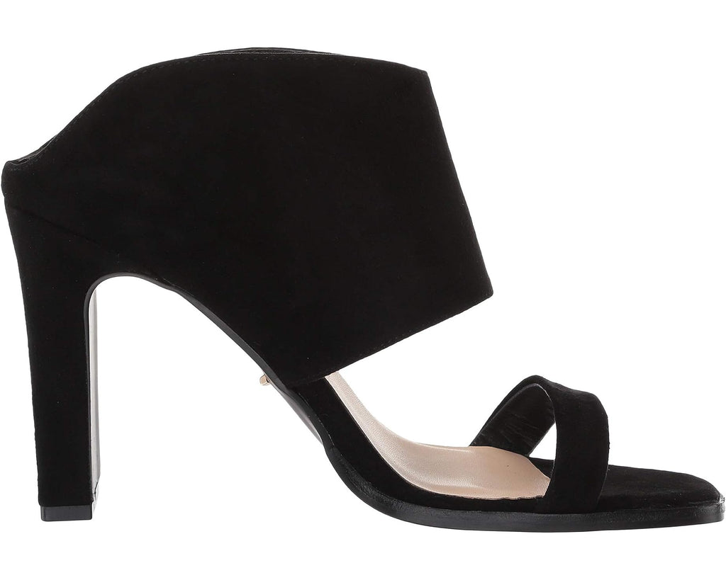 The Linda Heels: Black Double Strap Suede Slip On Heels - MomQueenBoutique