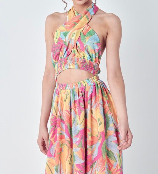 The Lola Dress: Tropical Printed Halter Cut Out Maxi - MomQueenBoutique