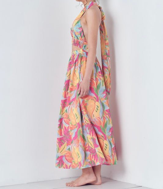 The Lola Dress: Tropical Printed Halter Cut Out Maxi - MomQueenBoutique