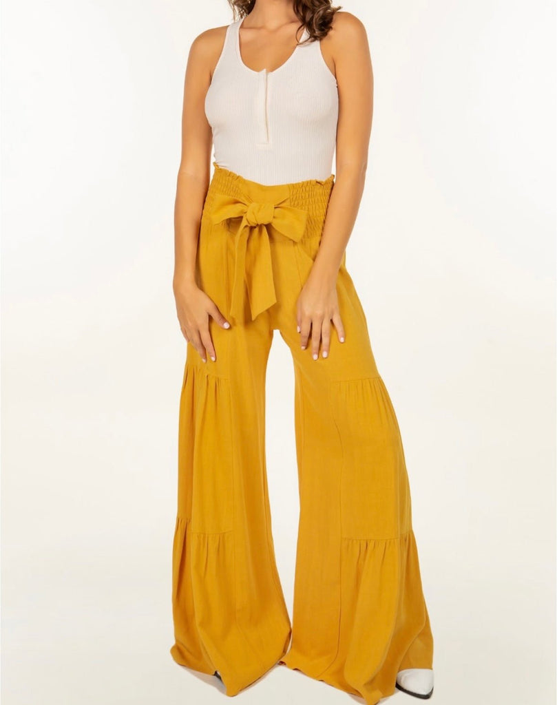 The Macie Pants: Wide Leg Mustard Palazzo Bow Pants - MomQueenBoutique