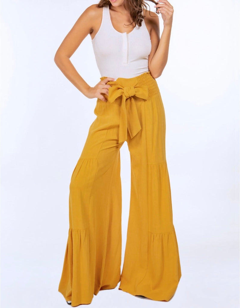 The Macie Pants: Wide Leg Mustard Palazzo Bow Pants - MomQueenBoutique