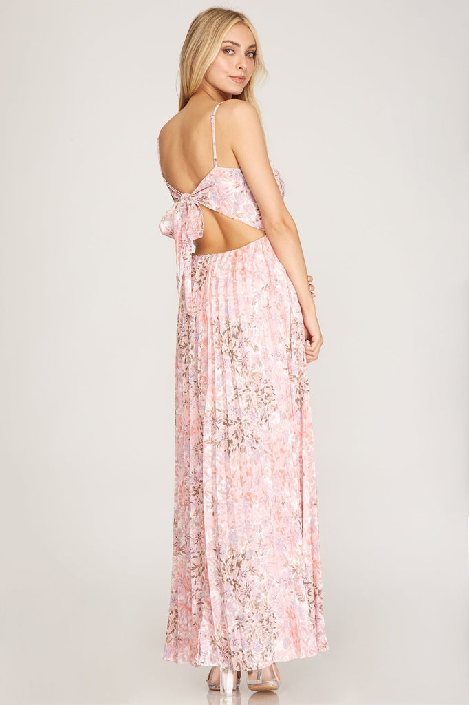 The Marie Dress: Sleeveless Woven Pleated Print Maxi Dress W/ Back Tie - MomQueenBoutique
