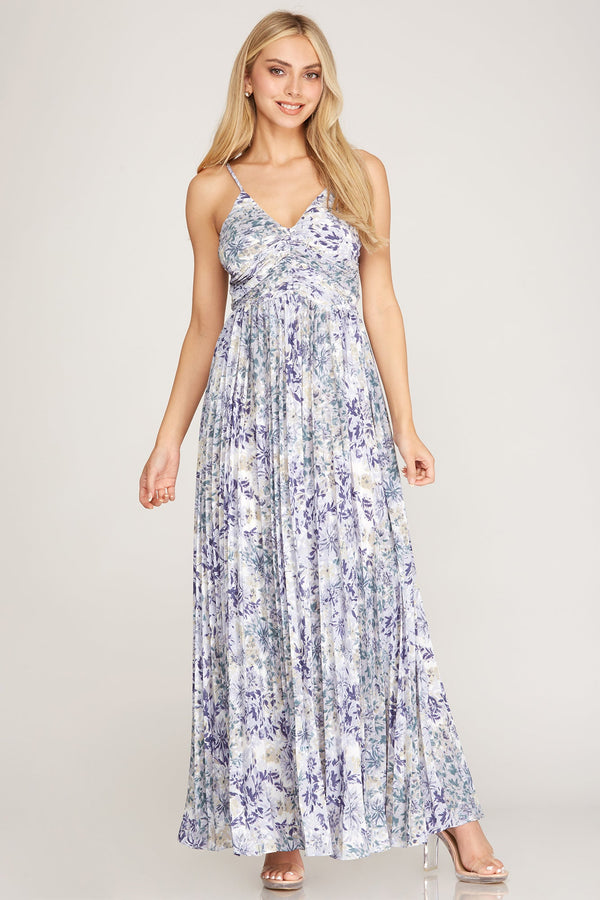 The Marie Dress: Sleeveless Woven Pleated Print Maxi Dress W/ Back Tie - MomQueenBoutique