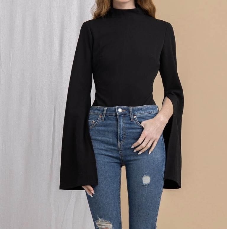 The Marilyn Bodysuit: Mock Neck Open Flare Sleeve Bodysuit - MomQueenBoutique