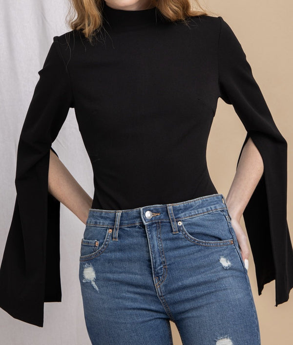 The Marilyn Bodysuit: Mock Neck Open Flare Sleeve Bodysuit - MomQueenBoutique