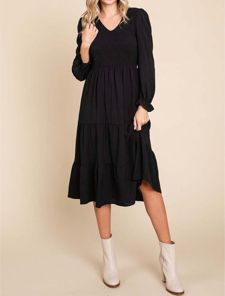 The Meg Dress: Long Sleeve Tiered Midi Dress - MomQueenBoutique