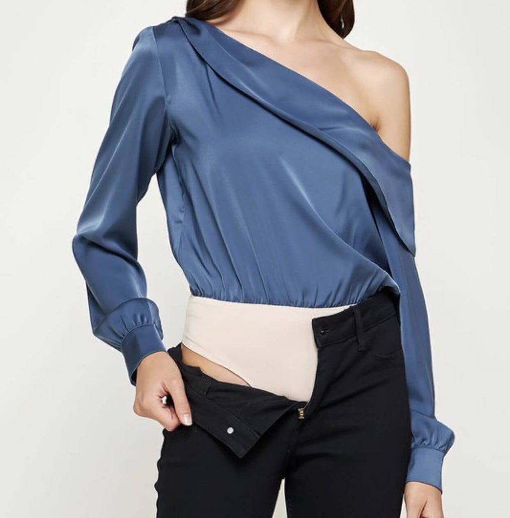 The Melody Bodysuit: One Shoulder Satin Bodysuit - MomQueenBoutique