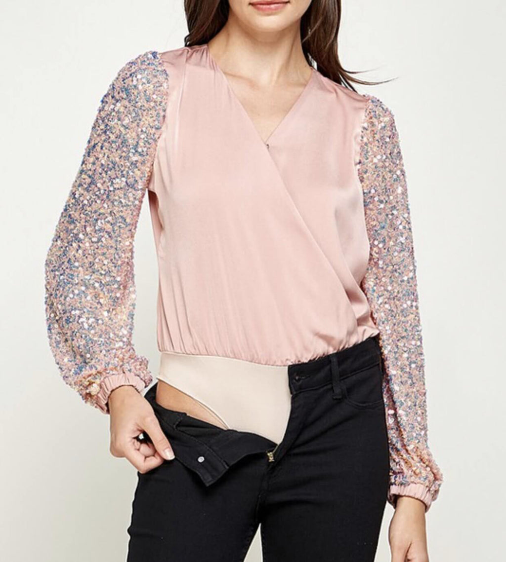The Natalie Bodysuit: Pink Sequin Sleeve Bodysuit - MomQueenBoutique