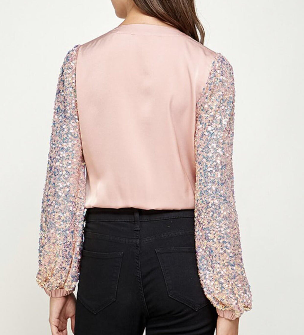 The Natalie Bodysuit: Pink Sequin Sleeve Bodysuit - MomQueenBoutique