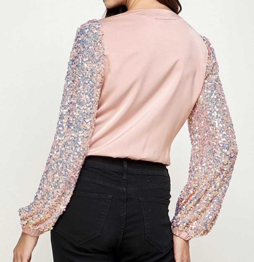 The Natalie Bodysuit: Pink Sequin Sleeve Bodysuit - MomQueenBoutique