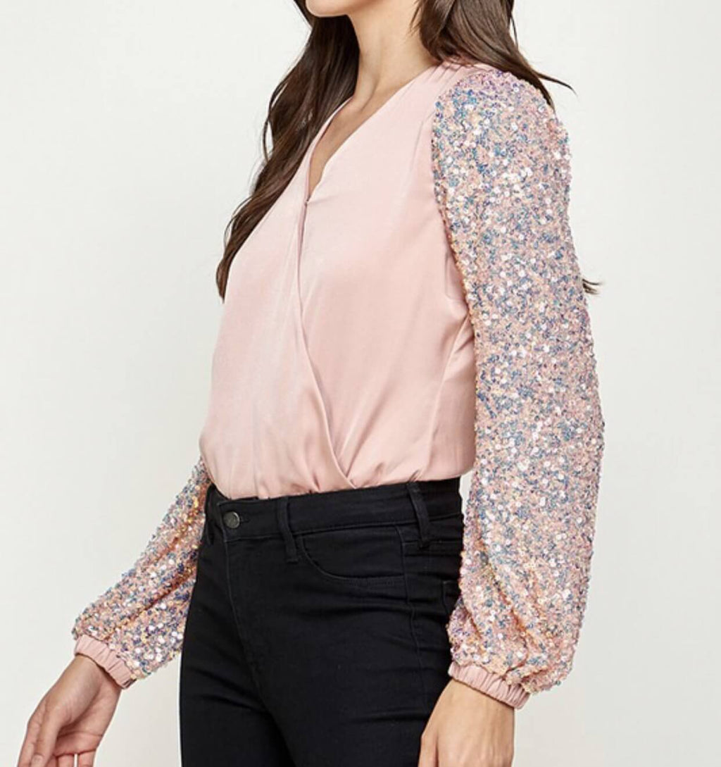The Natalie Bodysuit: Pink Sequin Sleeve Bodysuit - MomQueenBoutique