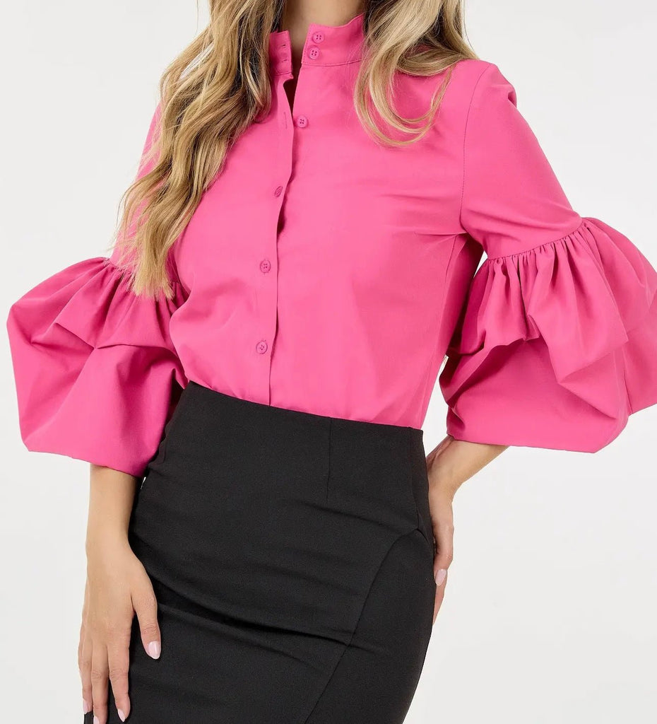 The Paige Blouse: Pink Puff Sleeve Poplin Blouse - MomQueenBoutique