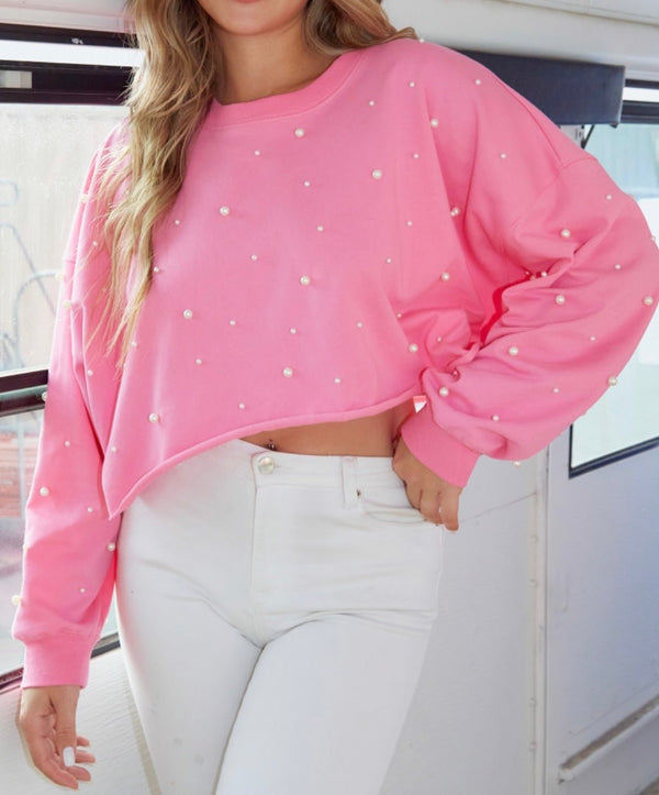 The Paula In Pearls Sweatshirt: Cropped Pink Pearl Sweatshirt - MomQueenBoutique
