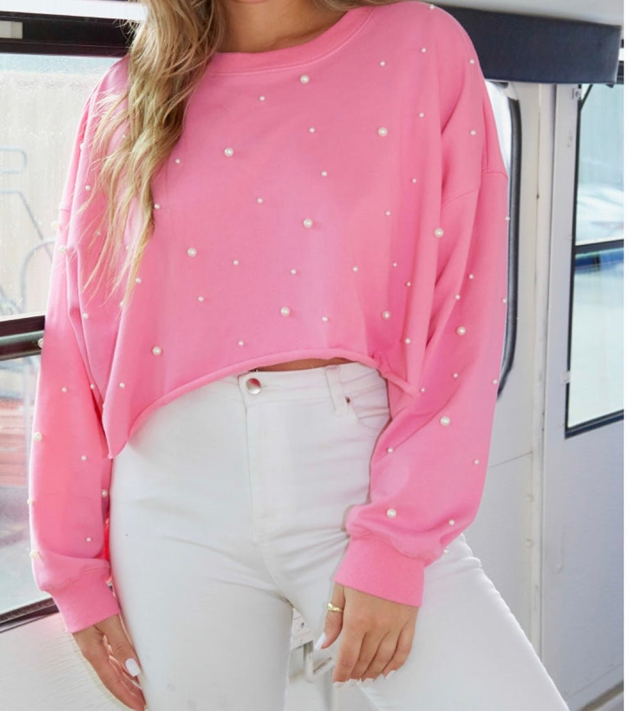The Paula In Pearls Sweatshirt: Cropped Pink Pearl Sweatshirt - MomQueenBoutique