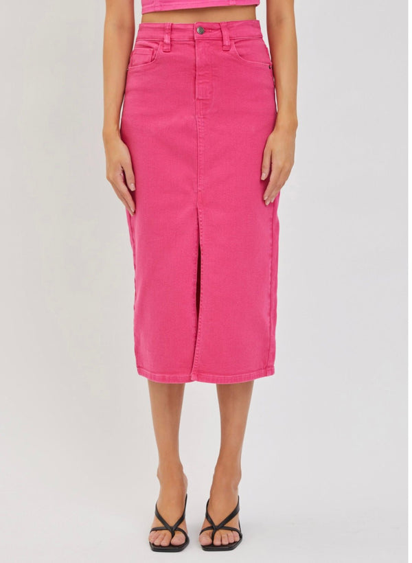 The Paylon Skirt- Pink Denim Midi Skirt - MomQueenBoutique