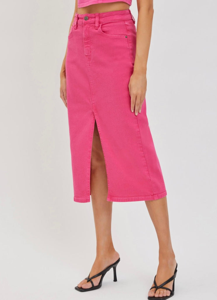 The Paylon Skirt- Pink Denim Midi Skirt - MomQueenBoutique