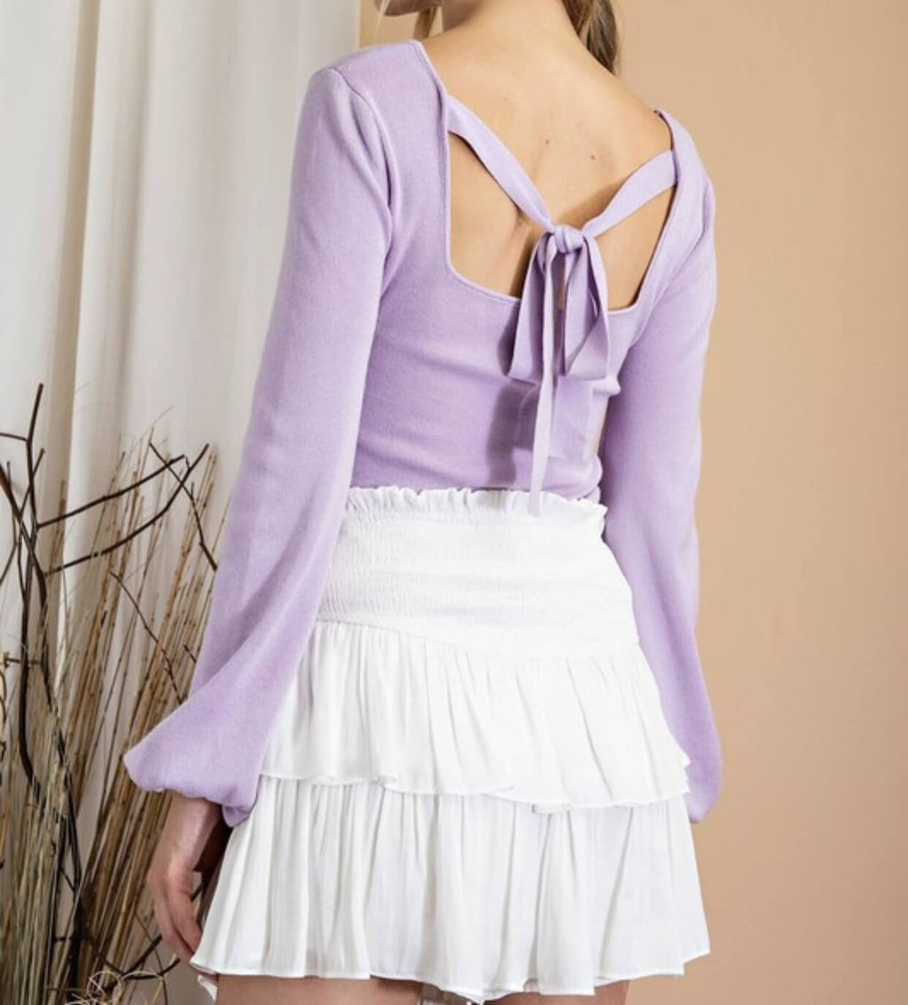 The Penny Top: Puff Sleeve Back Tie Sweater Top - MomQueenBoutique
