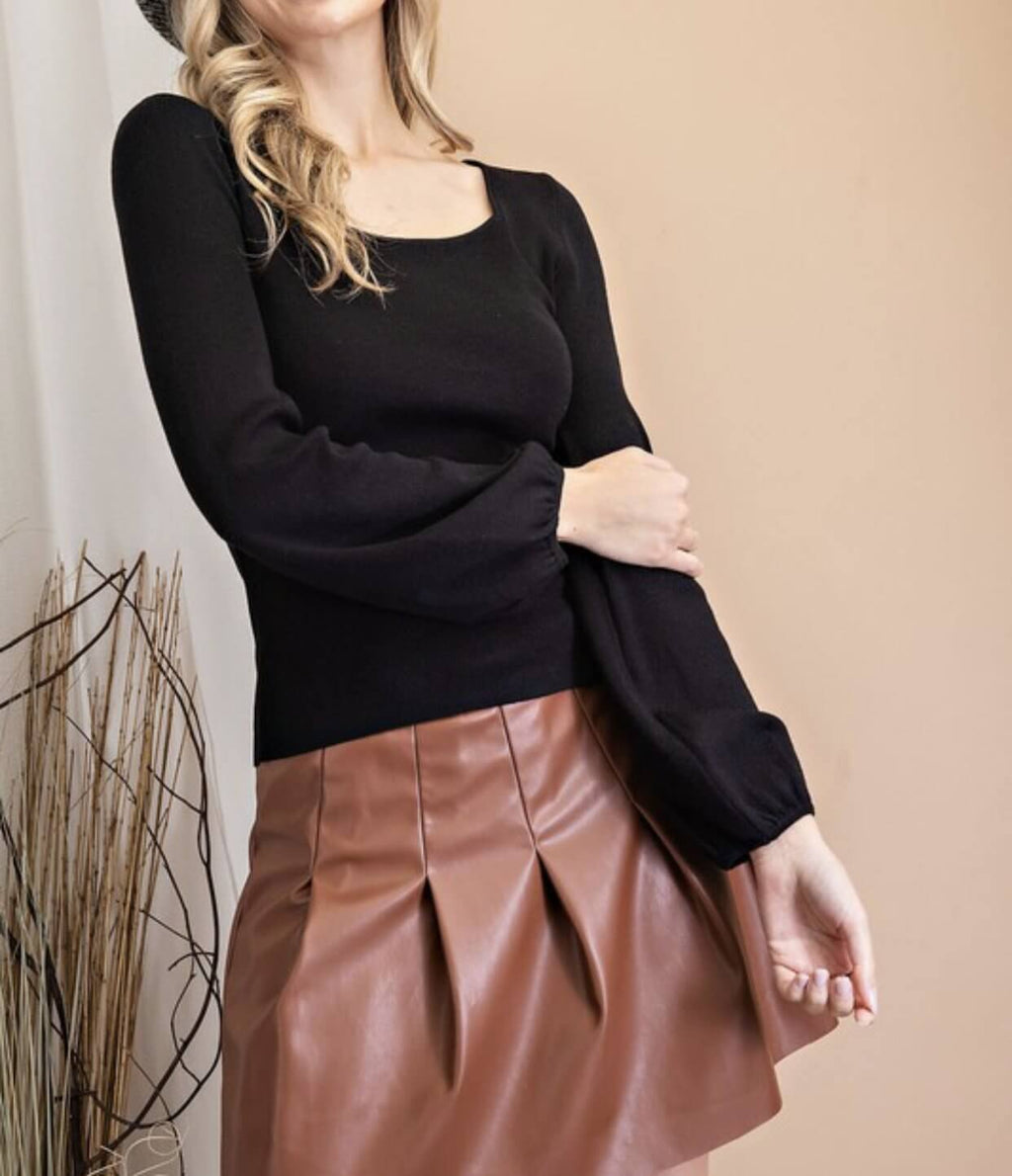 The Penny Top: Puff Sleeve Back Tie Sweater Top - MomQueenBoutique