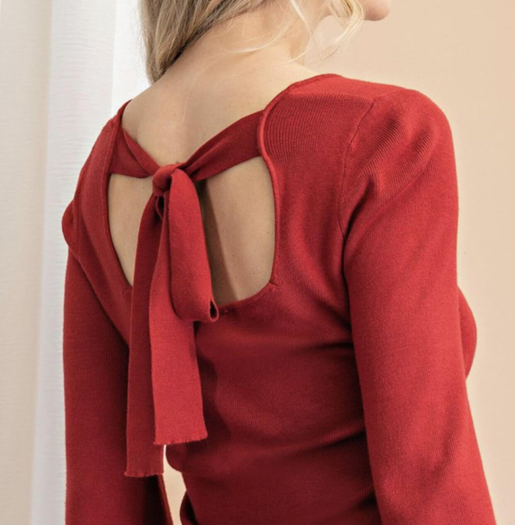 The Penny Top: Puff Sleeve Back Tie Sweater Top - MomQueenBoutique