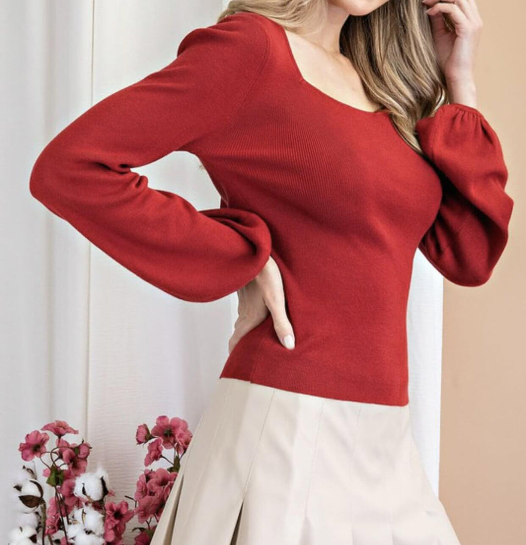 The Penny Top: Puff Sleeve Back Tie Sweater Top - MomQueenBoutique