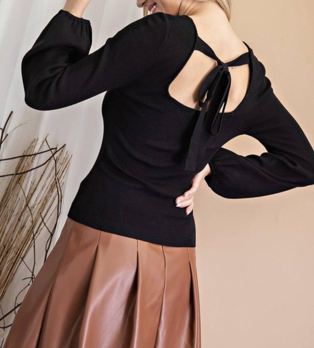 The Penny Top: Puff Sleeve Back Tie Sweater Top - MomQueenBoutique