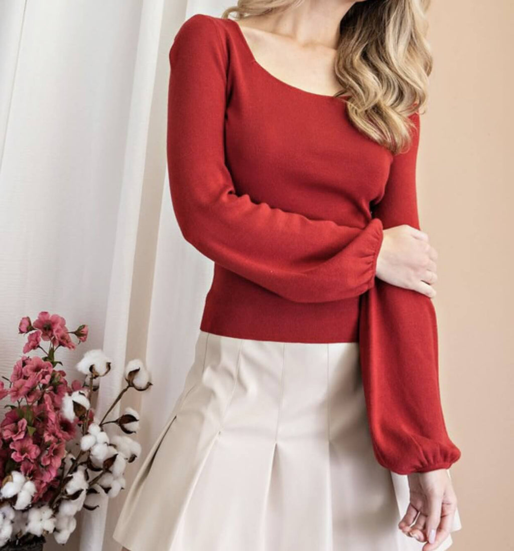 The Penny Top: Puff Sleeve Back Tie Sweater Top - MomQueenBoutique