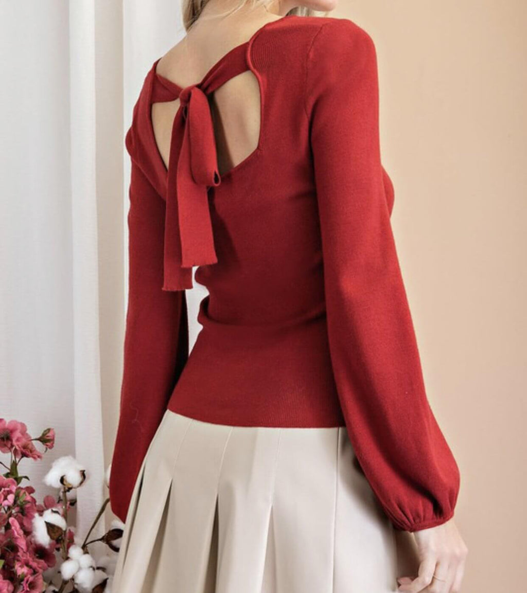 The Penny Top: Puff Sleeve Back Tie Sweater Top - MomQueenBoutique