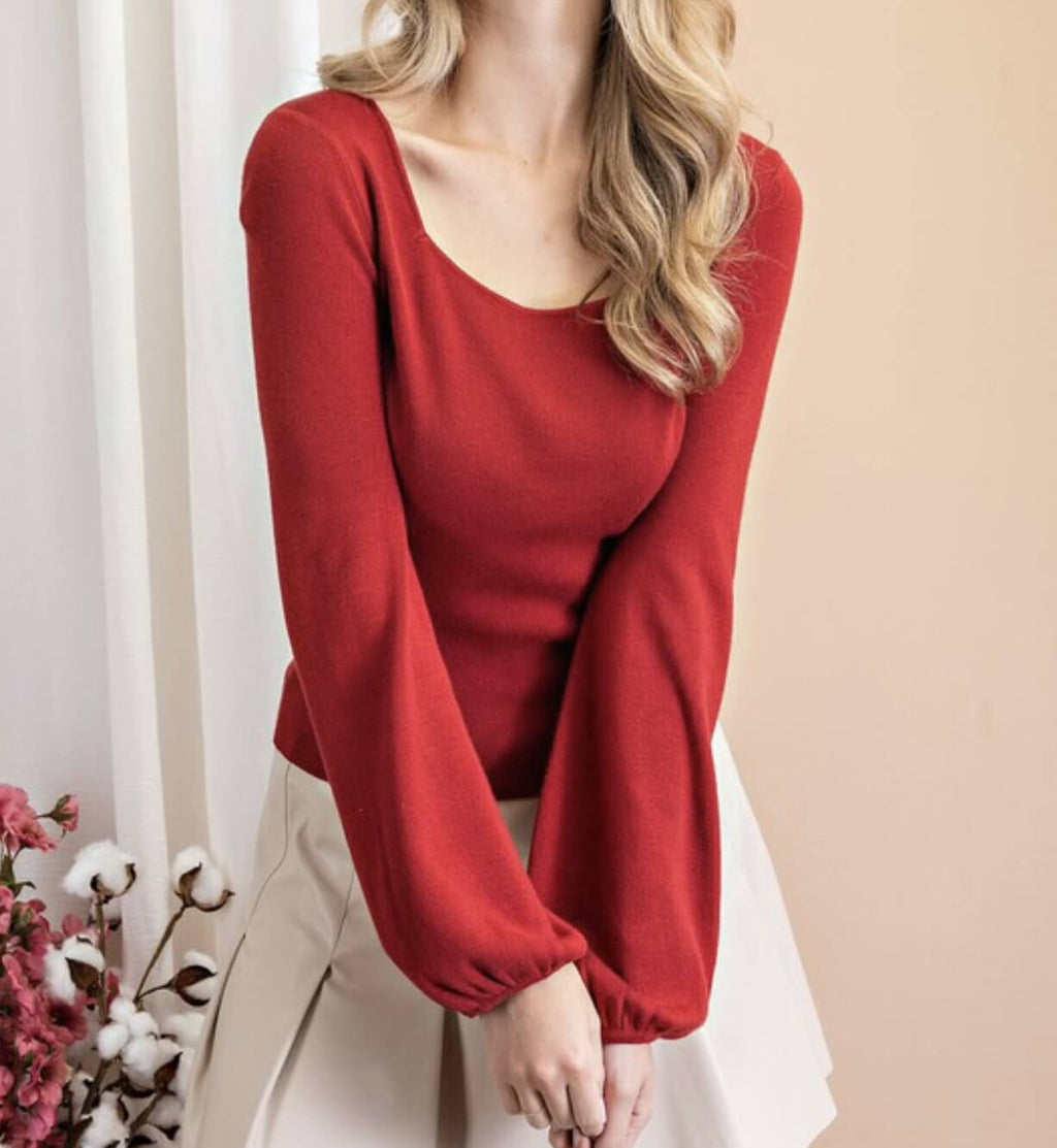 The Penny Top: Puff Sleeve Back Tie Sweater Top - MomQueenBoutique