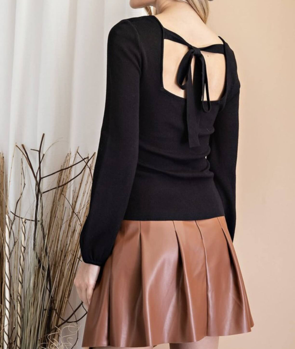 The Penny Top: Puff Sleeve Back Tie Sweater Top - MomQueenBoutique