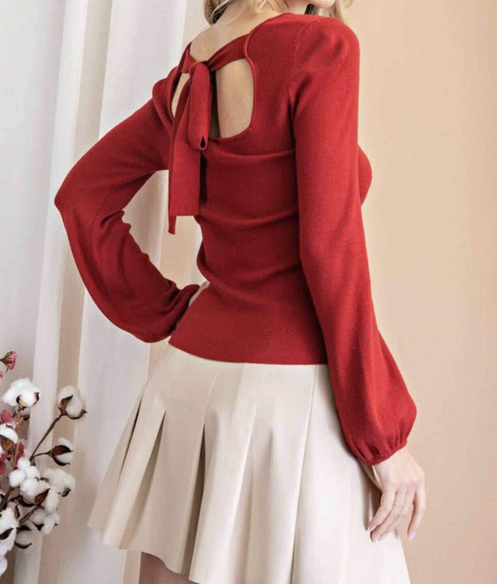 The Penny Top: Puff Sleeve Back Tie Sweater Top - MomQueenBoutique