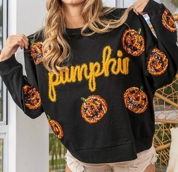 The Pumpkin Patch Sweatshirt: Sequin Pumpkin Halloween Sweatshirt - MomQueenBoutique