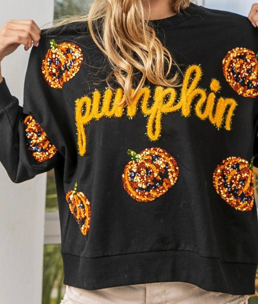La Miel Sequin Pumpkin Patches Allover Hoodie
