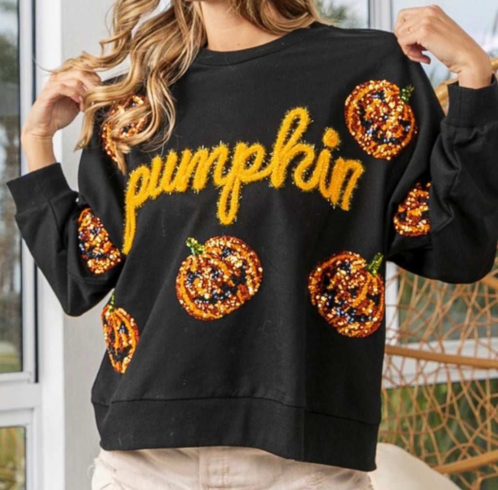 La Miel Sequin Pumpkin Patches Allover Hoodie