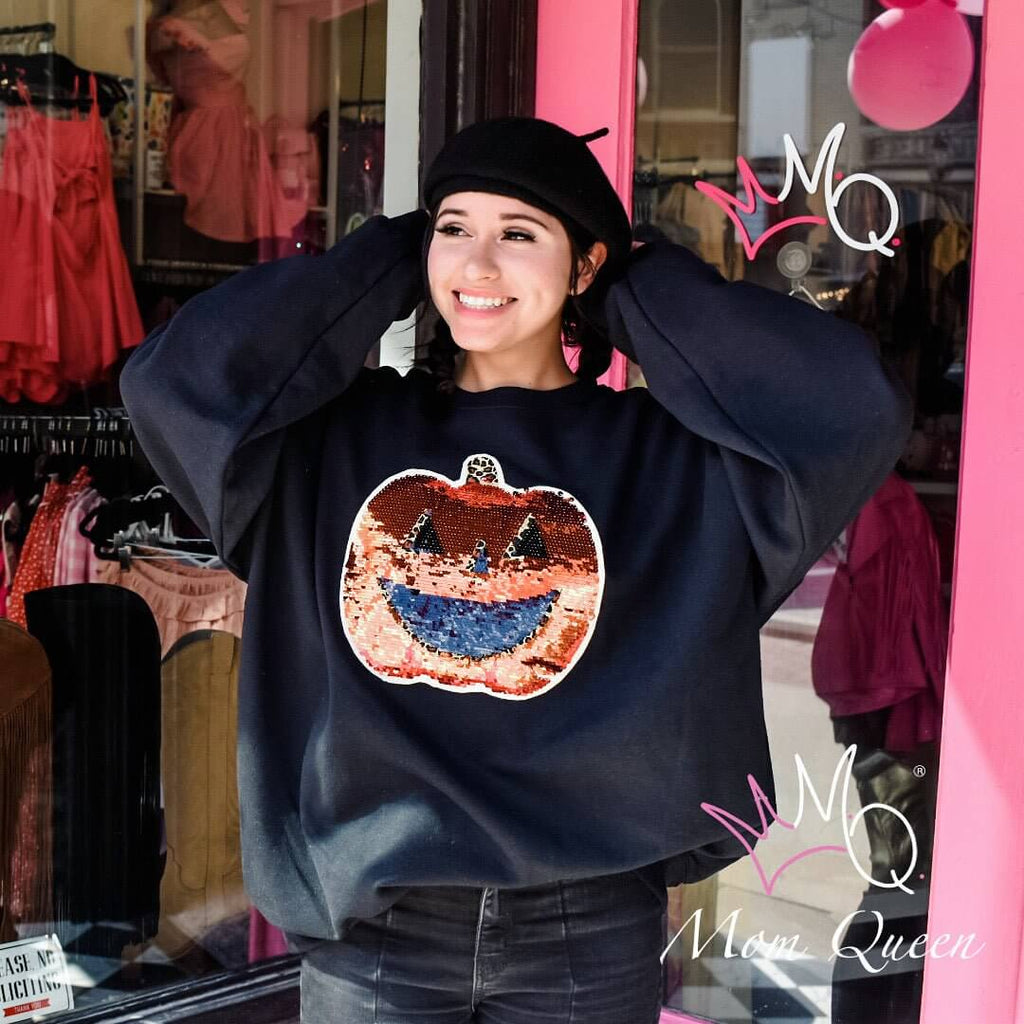 The Pumpkin Sparkle Sweatshirt: Graphic Halloween Sequins Sweatshirt - MomQueenBoutique
