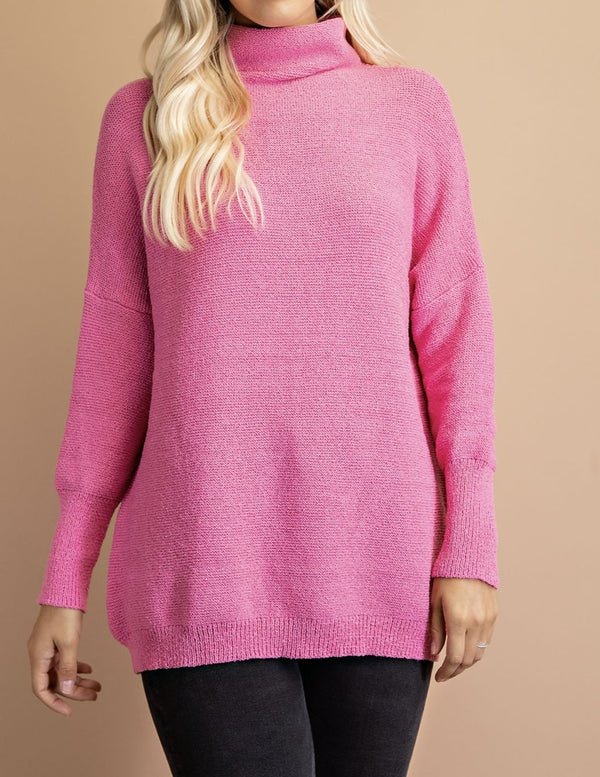 The Rebecca Sweater: Long Pink Turtleneck Pullover - MomQueenBoutique