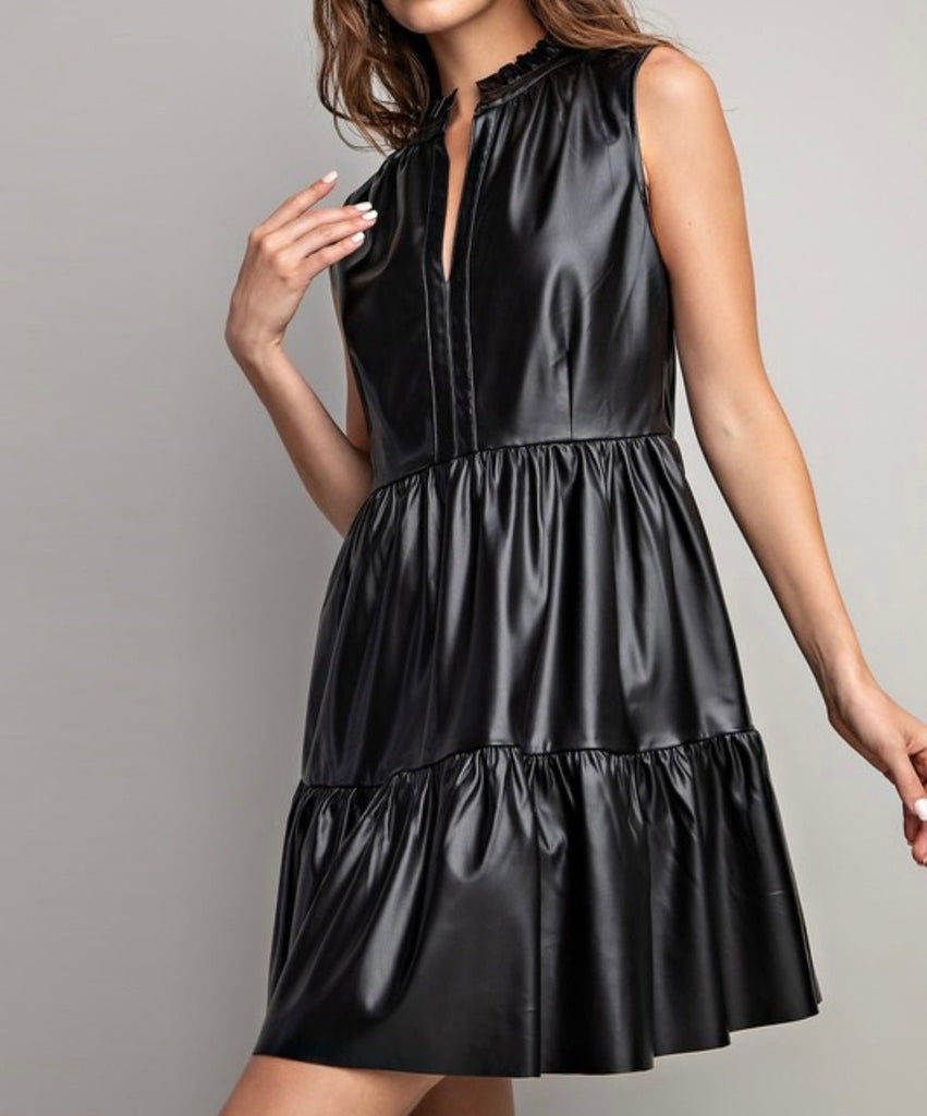 The Riley Dress: Pleather Tiered Mini Dress - MomQueenBoutique