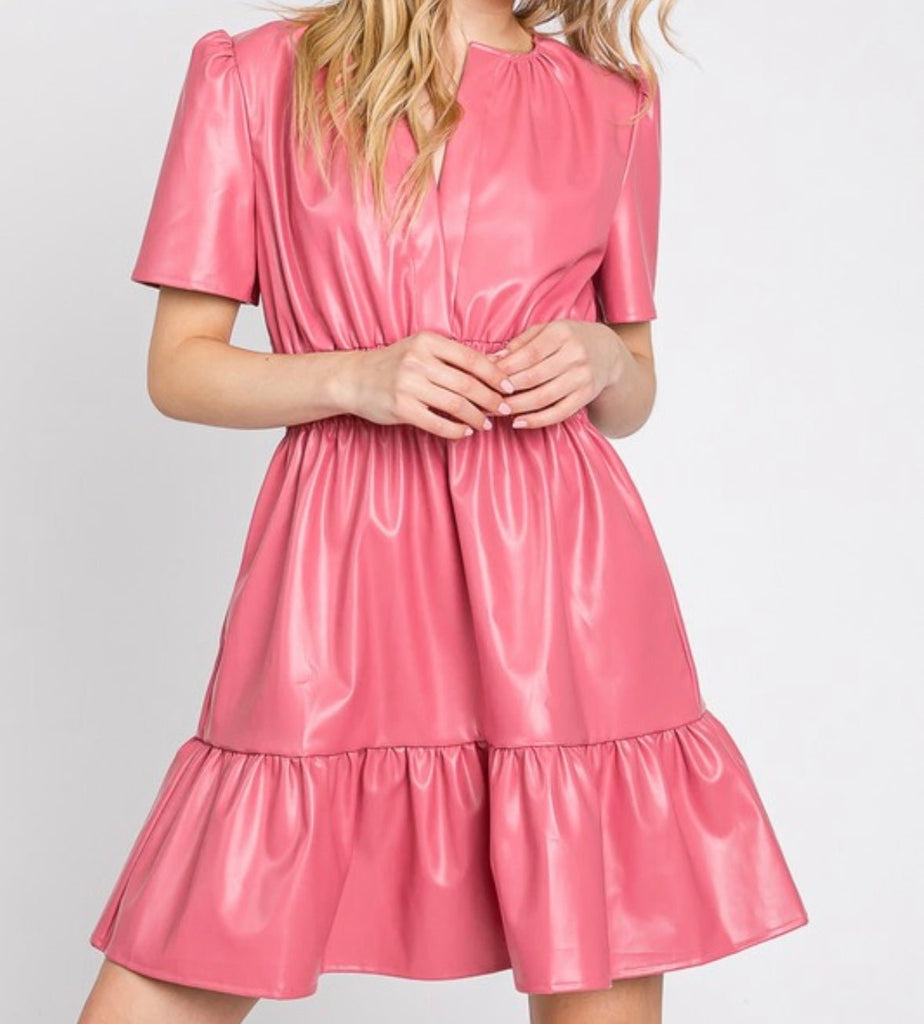 The Robin Dress: Pink Pleather Tiered Short Sleeve Dress - MomQueenBoutique