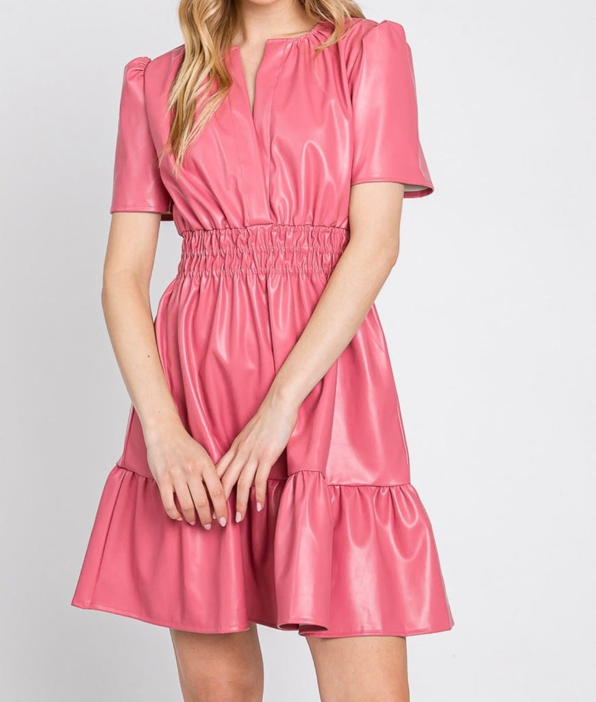 The Robin Dress: Pink Pleather Tiered Short Sleeve Dress - MomQueenBoutique