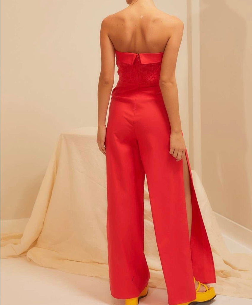 The Rylie Jumpsuit: Side Slit Strapless Red Jumpsuit - MomQueenBoutique