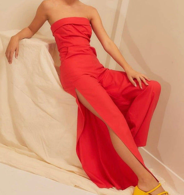 The Rylie Jumpsuit: Side Slit Strapless Red Jumpsuit - MomQueenBoutique