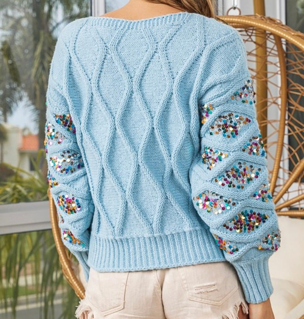 The Sandra Sweater: Blue Sequin Cable Knit Sweater - MomQueenBoutique