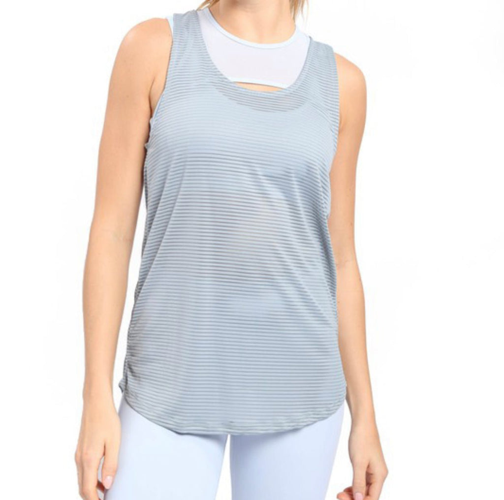 The Sarah Tank: Sheer Striped Mesh Pinched Back Racer Tank - MomQueenBoutique